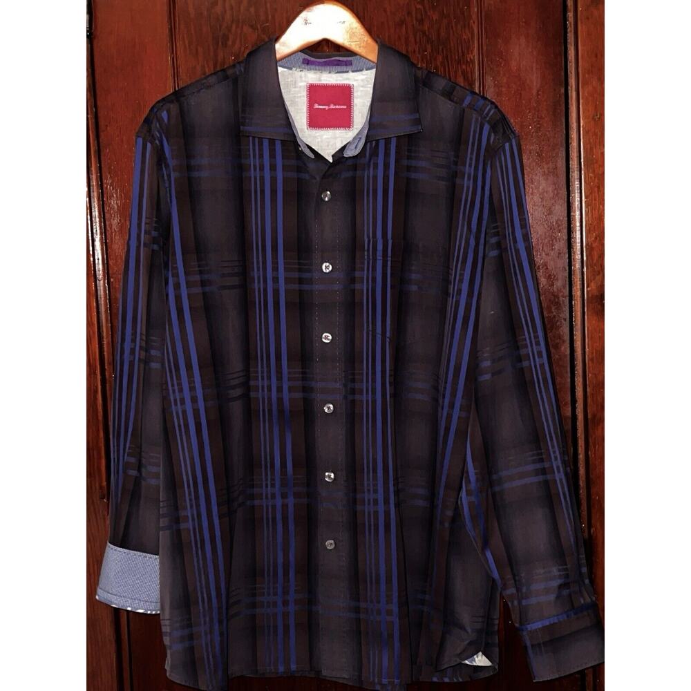 TOMMY BAHAMA BROWN & BLUE PLAID LONG SLEEVE COTTON SHIRT SIZE XL SHARP DETAILS
